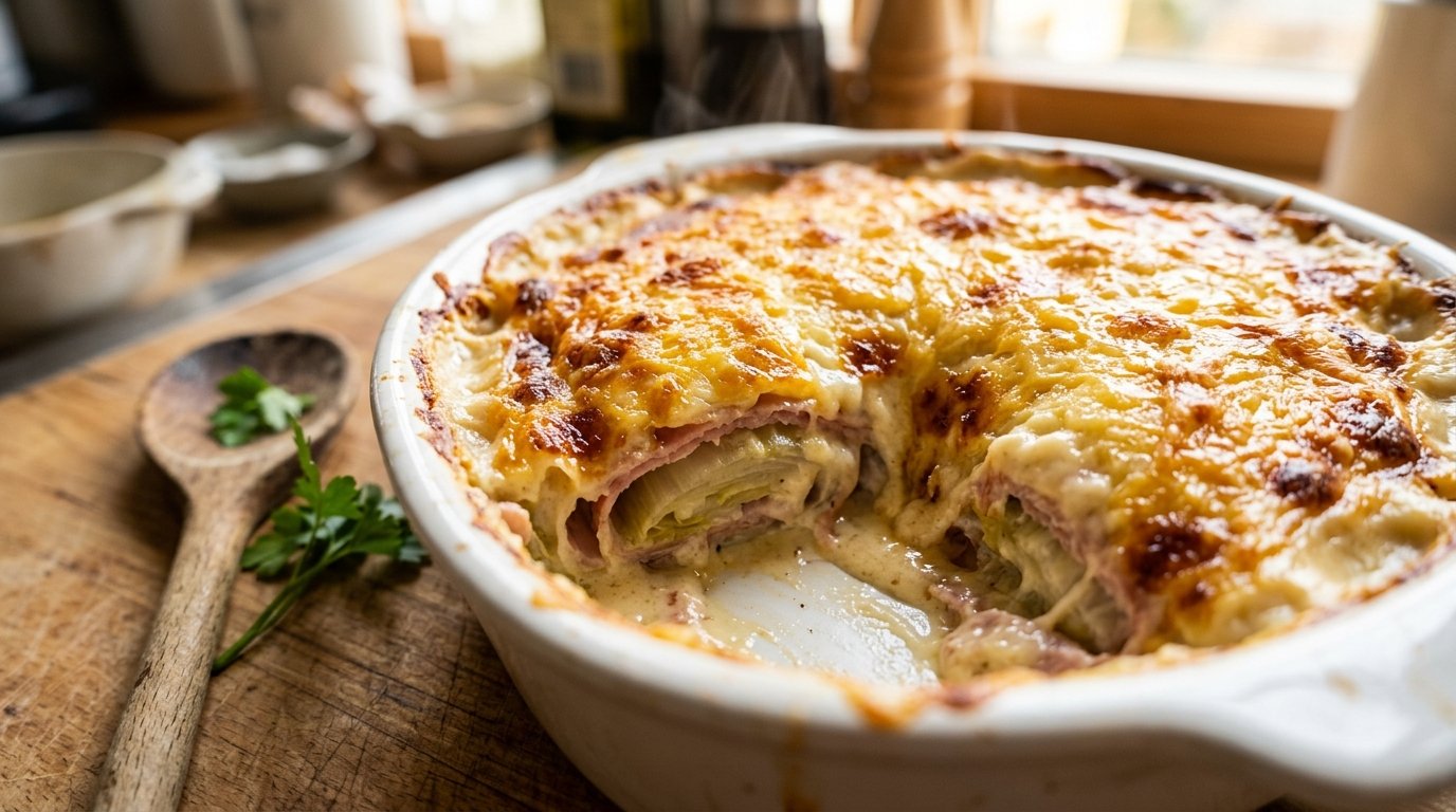 entdecken Sie diesen cremigen Endivien-Gratin mit Schinken und Parmesan-Béchamelsauce, der Ihren Tisch vereint und Ofengerichte neu definiert