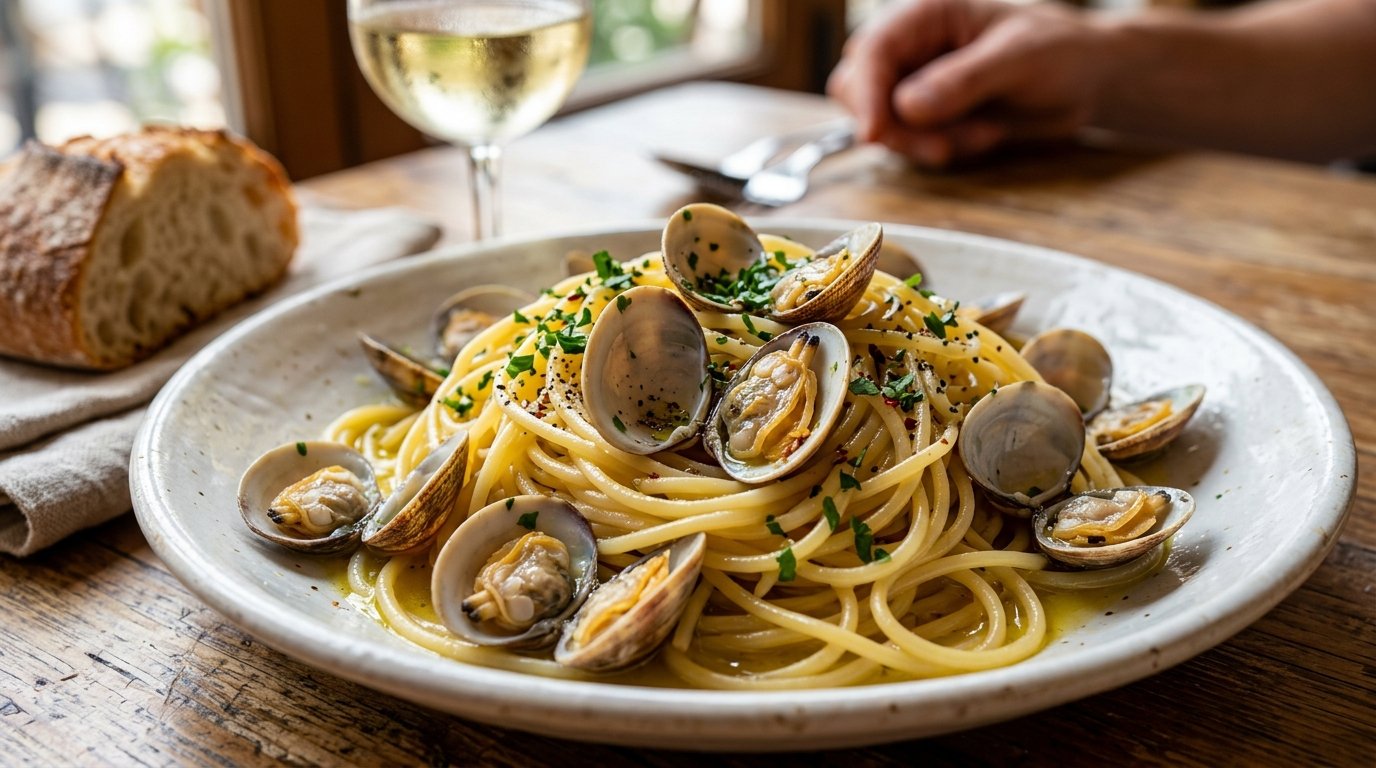 entdecken Sie das Geheimnis authentischer Spaghetti mit Venusmuscheln ohne Sahne – ein italienisches Rezept mit reinem Meeresgeschmack